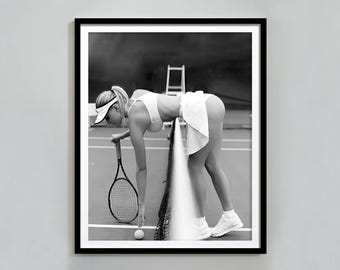 Woman Playing Tennis Print, Black and White, Printable Hypebeast Wall Art, Vintage Feminist Poster, Teen Girl Room Decor, Digital Download