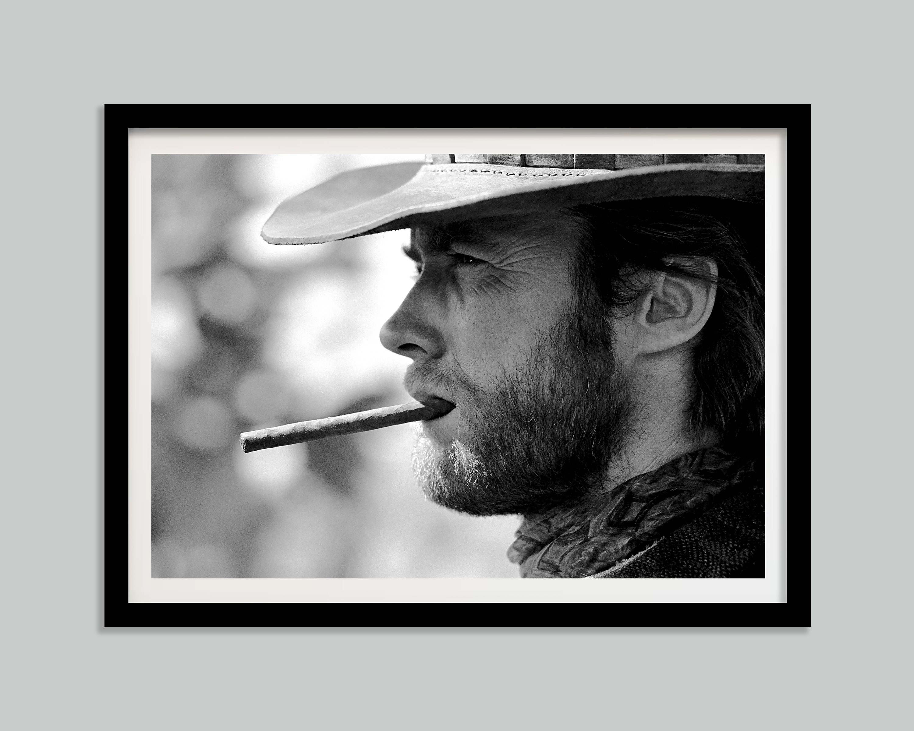 Clint Eastwood Smoking Cigar Print, Vintage Cowboy Poster, Black and White Photo, Bar Cart Wall Art, Old Hollywood Decor, Digital Download