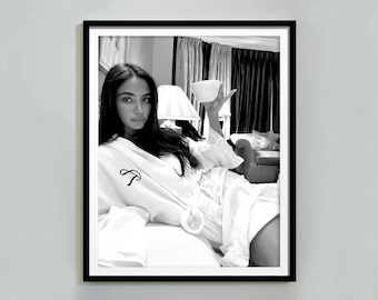 Woman Drinking Coffee in Bed Print, Luxury Fashion Wall Art, Black and White, Vintage Photography, Teen Girl Bedroom Decor, Digital Download
