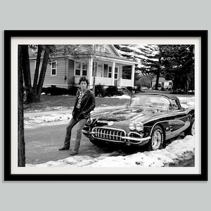 Póster de Bruce Springsteen en un coche clásico, blanco y negro, impresiones fotográficas vintage, decoración del Hollywood clásico, arte mural retro, descarga digital