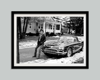 Bruce Springsteen in Classic Car Poster, Black and White, Vintage Photography Prints, Old Hollywood Decor, Retro Wall Art, Digital Download