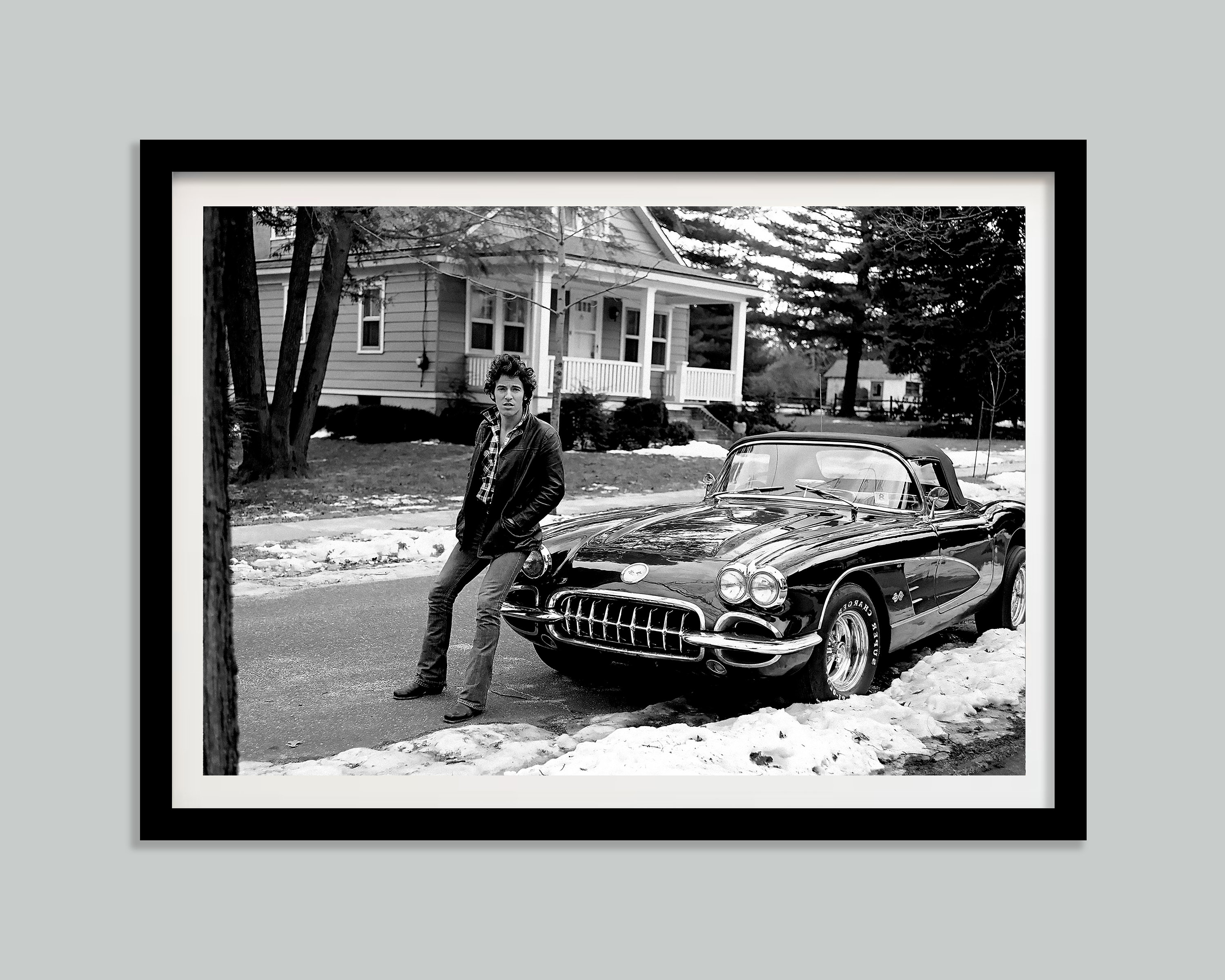 Bruce Springsteen in Classic Car Poster, Black and White, Vintage