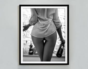 Woman Drinking Wine Print, Black and White, Vintage Feminist Print, Sexy Bedroom Decor, Teen Girl Wall Art, Bar Cart Decor, Digital Download