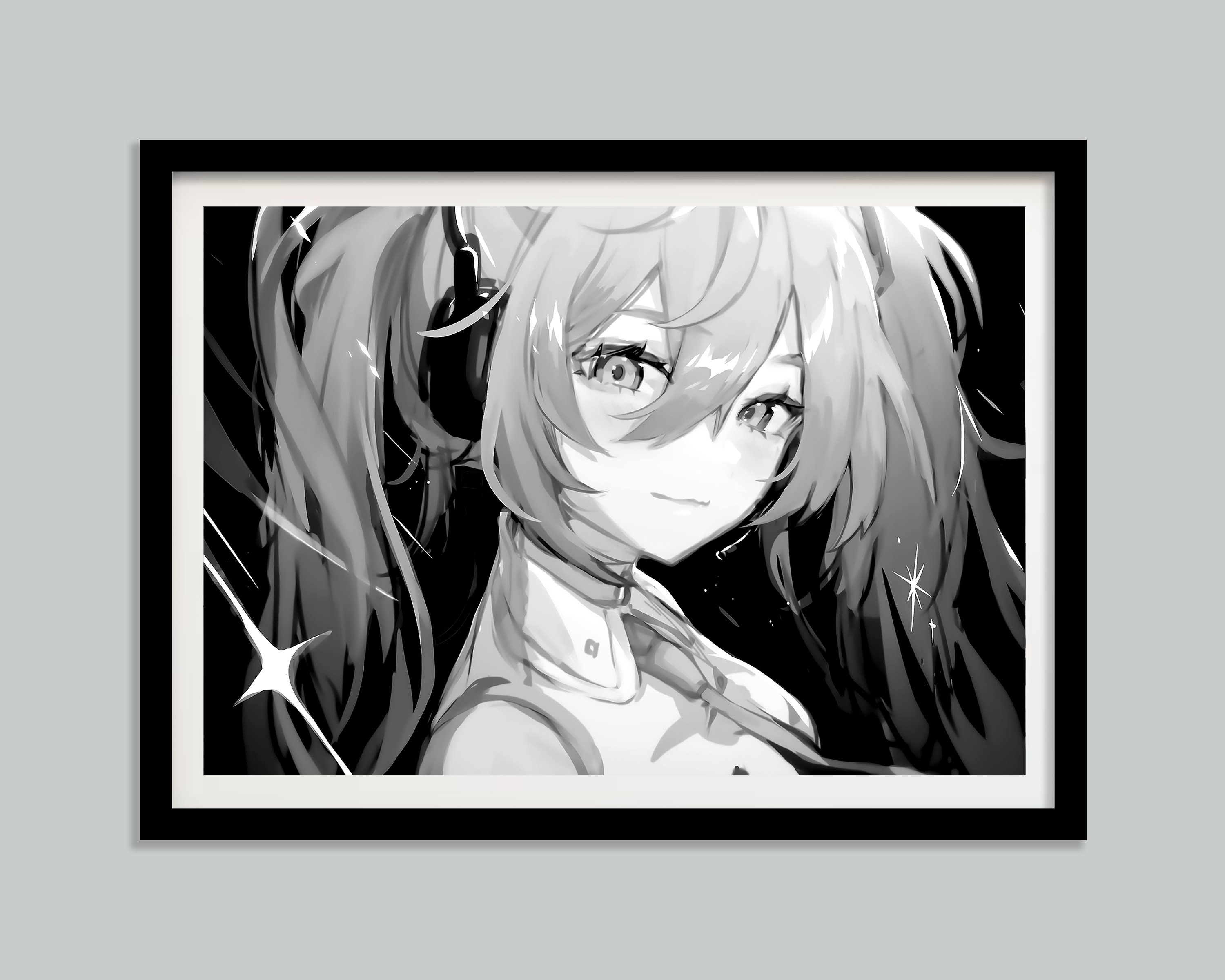 初音ミク ポスター、ローリングガール、アニメ ポスター、白黒、子供 