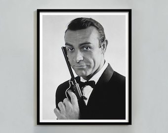 Sean Connery James Bond Poster, Schwarz Weiß, Vintage Fotografie, Alte Hollywood Drucke, 90er Jahre Dekoration, Retro Wandkunst, Digitaler Download