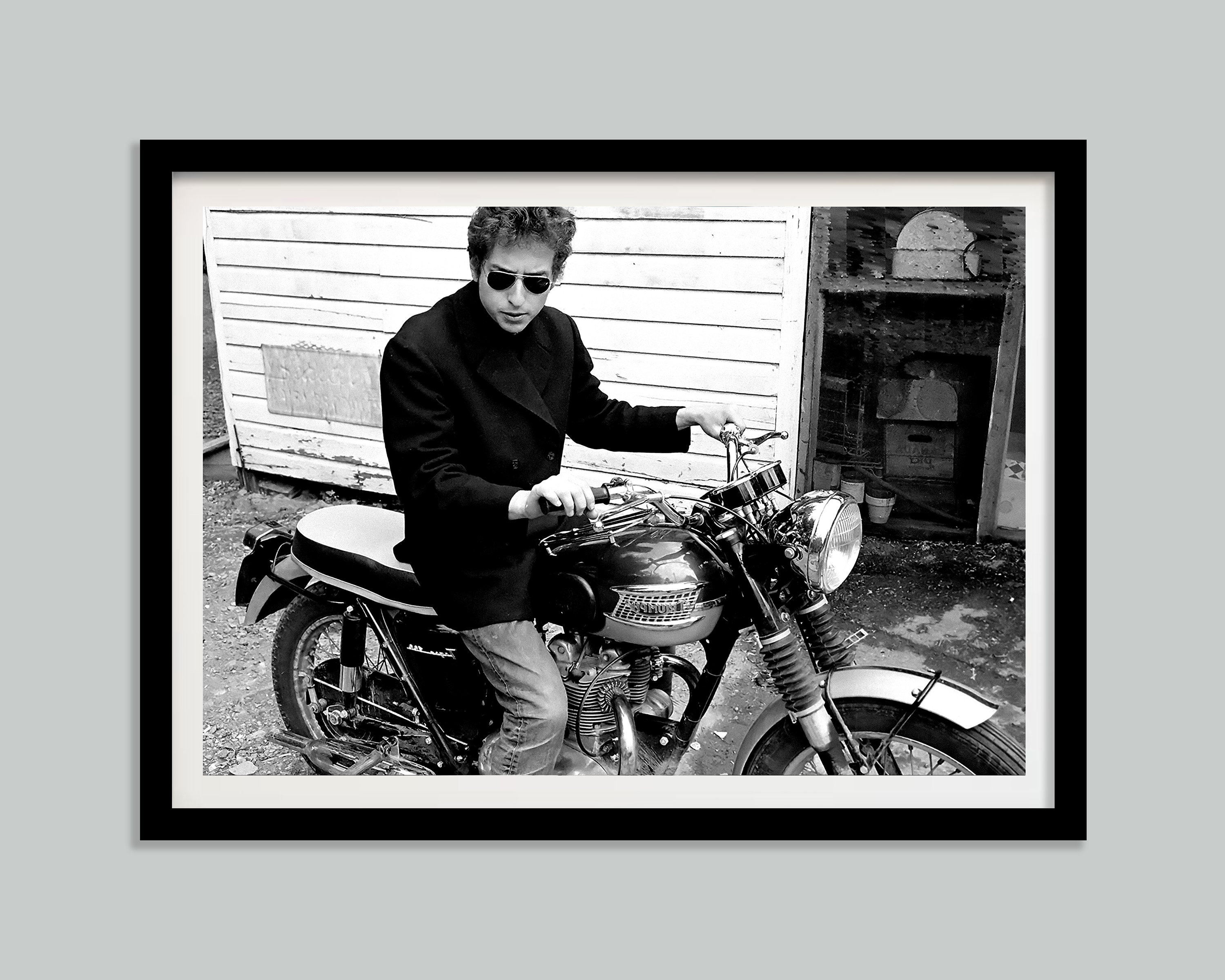 Bob Dylan on Motorcycle Print, Black and White, Vintage