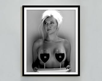 Sexy Woman Holding Wine Glasses Poster, Bar Cart Print, Black and White, Alcohol Wall Art, Cocktail Poster, Teen Girl Room Decor, Wine Print
