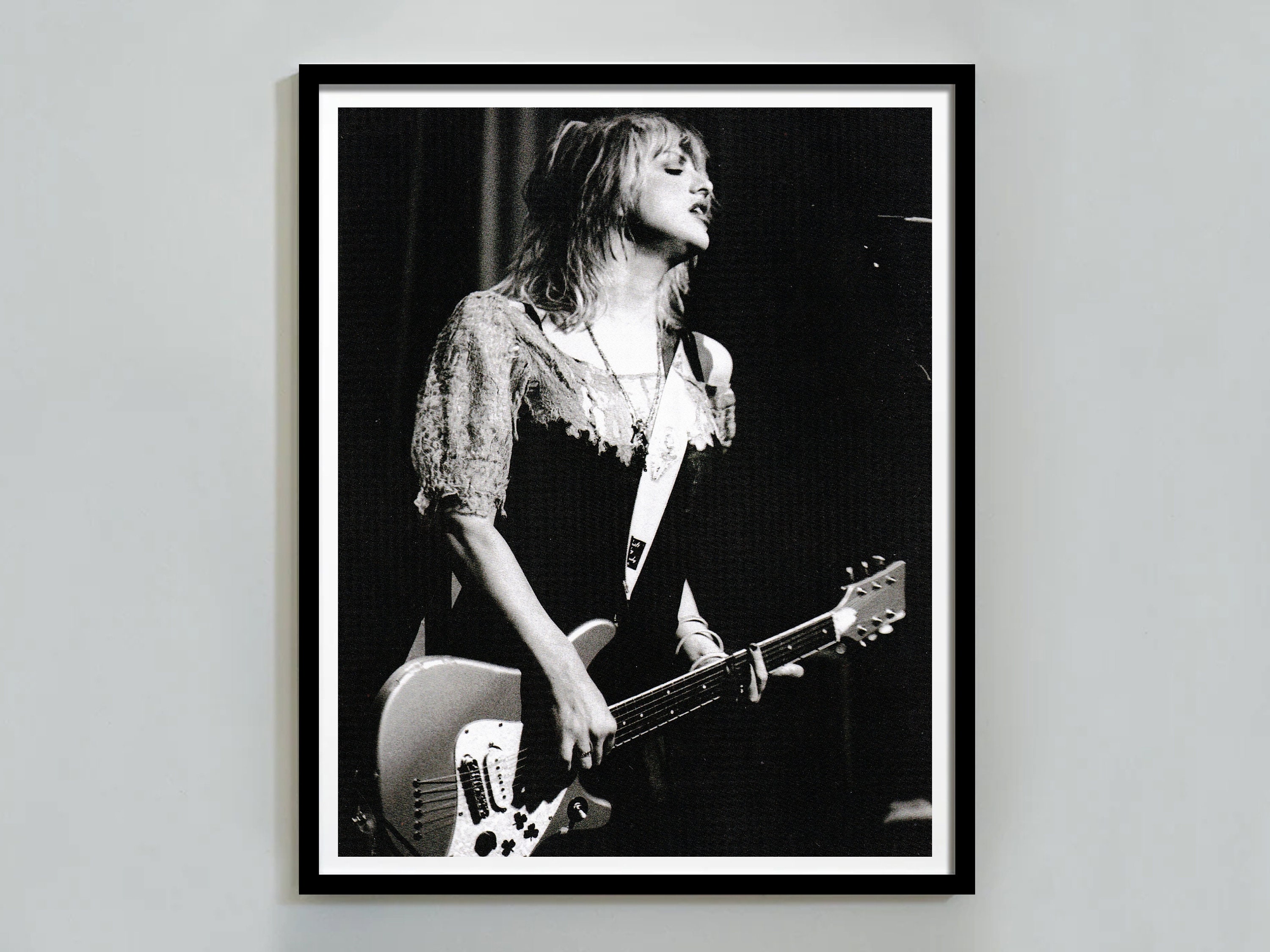 Courtney Love Playing Guitar in Concert Poster, Black and White