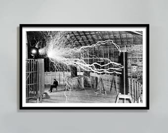 Tesla in His Laboratory Photo Print, Nikola Tesla, Electricity Science Experiment Poster, Black and White, Vintage Photo, Digital Download
