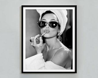 Audrey Hepburn Lipstick Print, Black and White, Vintage Photo, Audrey Hepburn Poster, Old Hollywood Decor, Feminist Print, Fashion Wall Art