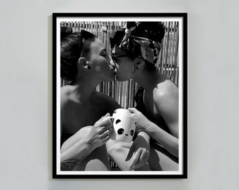 Vintage Lesbian Kissing Poster, Black and White, Feminist Poster, Feminine Wall Art, Lesbian Drinking Coffee Print, Lgbtq, Digital Download