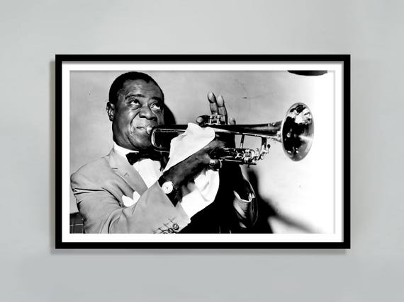 Louis Armstrong Playing Jazz Poster, Black and White, Vintage Photo Print, Music Poster, Printable Wall Art, Home Decor, Digital Download