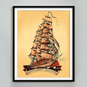 Sailor Jerry-affisch, segelfartygstryck hemifrån, vintageväggkonst, rustik heminredning, digital nedladdning, trendig och utskrivbar väggkonst