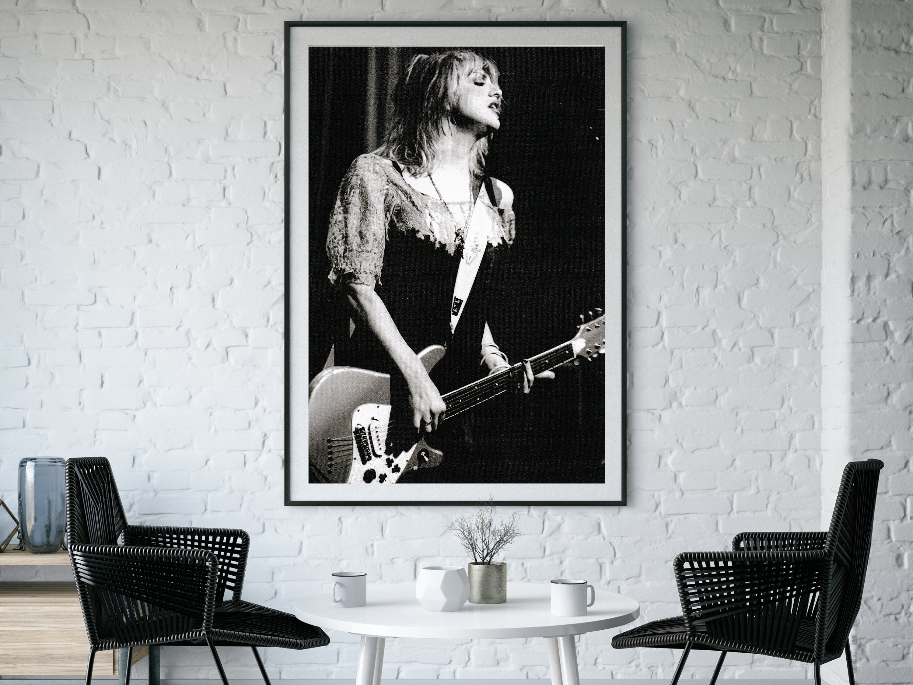Courtney Love Playing Guitar in Concert Poster, Black and White