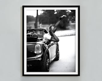 High Heels in Classic Car Print, Black and White, Vintage Photo, Luxury Fashion Poster, Printable Hypebeast Wall Art Decor, Digital Download