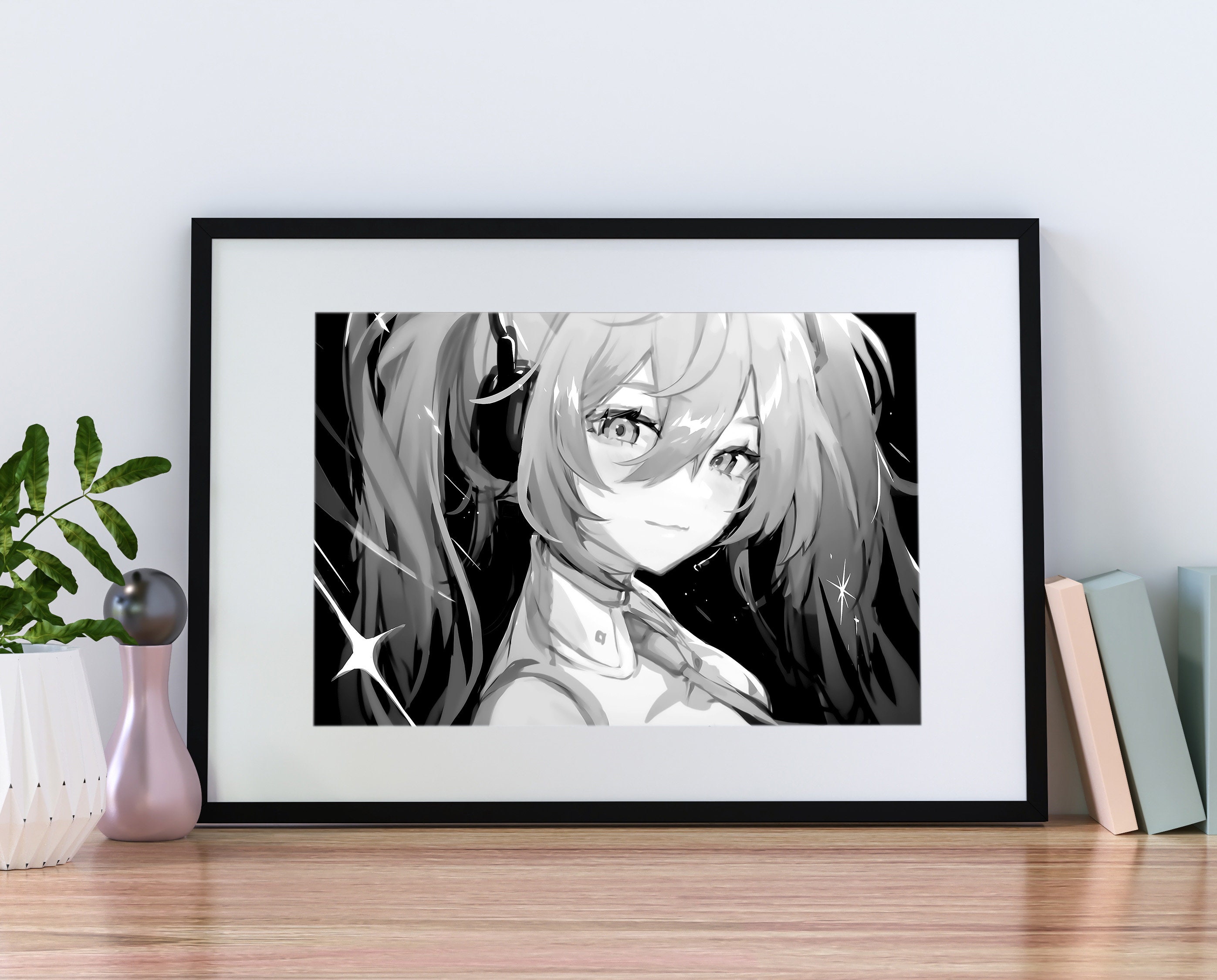 初音ミク ポスター、ローリングガール、アニメ ポスター、白黒、子供 