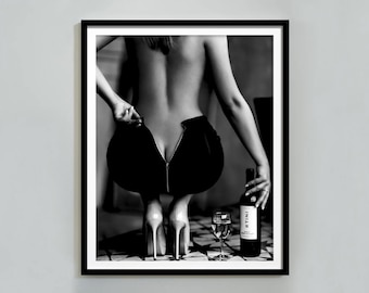 Woman with wine glass Poster, Black and White, Fashion Photography, Bar Cart Print, Alcohol Wall Art, Feminist Poster, Teen Girl Room Decor