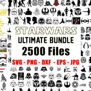 May include: A collage of black and white Star Wars themed images, including characters, ships, and logos. The text "STARWARS ULTIMATE BUNDLE 2500 Files SVG - PNG - DXF - EPS - JPG" is displayed in the center of the image.