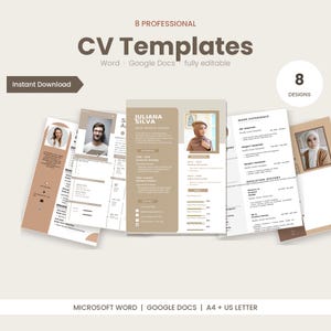 Op de afbeelding: Een verzameling van 8 professionele cv-sjablonen in beige en wit, met bewerkbare lay-outs voor Word en Google Docs. De ontwerpen bevatten tijdelijke aanduidingen voor foto's, contactgegevens, werkervaring en opleiding, beschikbaar in A4 en US Letter-formaten.