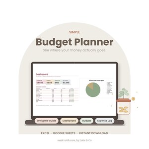 Op de afbeelding: Een digitale budgetplanner-sjabloon voor Excel en Google Sheets met een dashboard-interface inclusief een cirkeldiagram, uitgavencategorieën en financiële overzichten, voorzien van tabbladen voor navigatie door het gehele bestand.