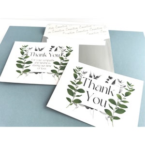 8 cartes postales de remerciement pour funérailles/célébration de la vie/mémorial avec enveloppes, motif verdure vert et gris pour un deuil ou une perte qui dit merci