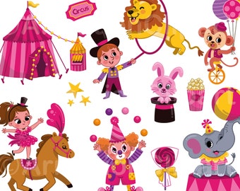 Pink Circus Clown Elephant Clipart Set, Cute Cartoon Digital Clip art, Scalable layered vector AI, EPS, SVG & more 300 dpi Instant download