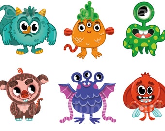 Cute Monster Characters Friendly Cartoon Digital Clip Art, Scalable layered vector AI, EPS, SVG, png 300dpi Instant download