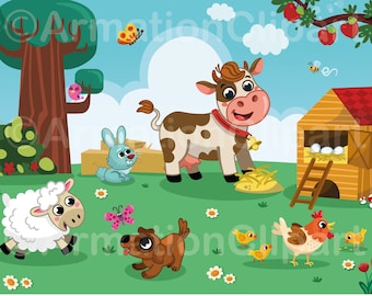 Happy Cute Farm Animals Bundle Cow, Sheep, Bunny Cartoon Digital Clip Art, Scalable layered vector AI, EPS, SVG, png 300dpi Instant download