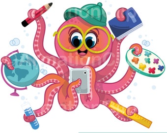 Student Octopus Multitasking Cute Cartoon Digital clip art, Scalable layered vector AI, EPS, SVG & more 300 dpi - Instant download