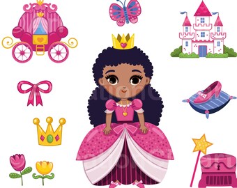 Princess Bundle 1 Cute Black Fairy Tale Princess Cartoon Digital Clip Art, Scalable layered vector AI, EPS, SVG, png 300dpi Instant download