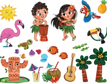 Hawaiian Set Tropical Island Summer Clipart Luau, Aloha, Tiki Cartoon Digital Clip Art, Scalable layered vector AI, EPS, SVG, png 300dpi