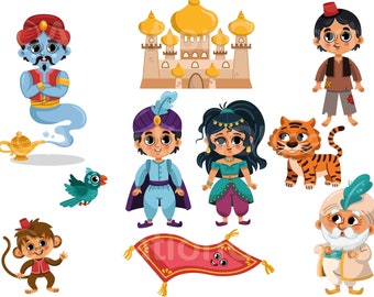 Aladdin, Princess Jasmine, Genie, Magic Carpet Cartoon Digital Clipart, Scalable layered vector AI, EPS, SVG & more 300 dpi Instant download