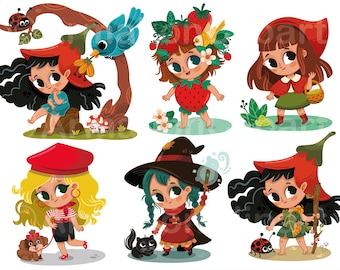 Little Forest Fairy Girls (Cuties) Cute Cartoon Digital Clipart, Scalable layered vector AI, EPS, SVG & more 300 dpi Instant download