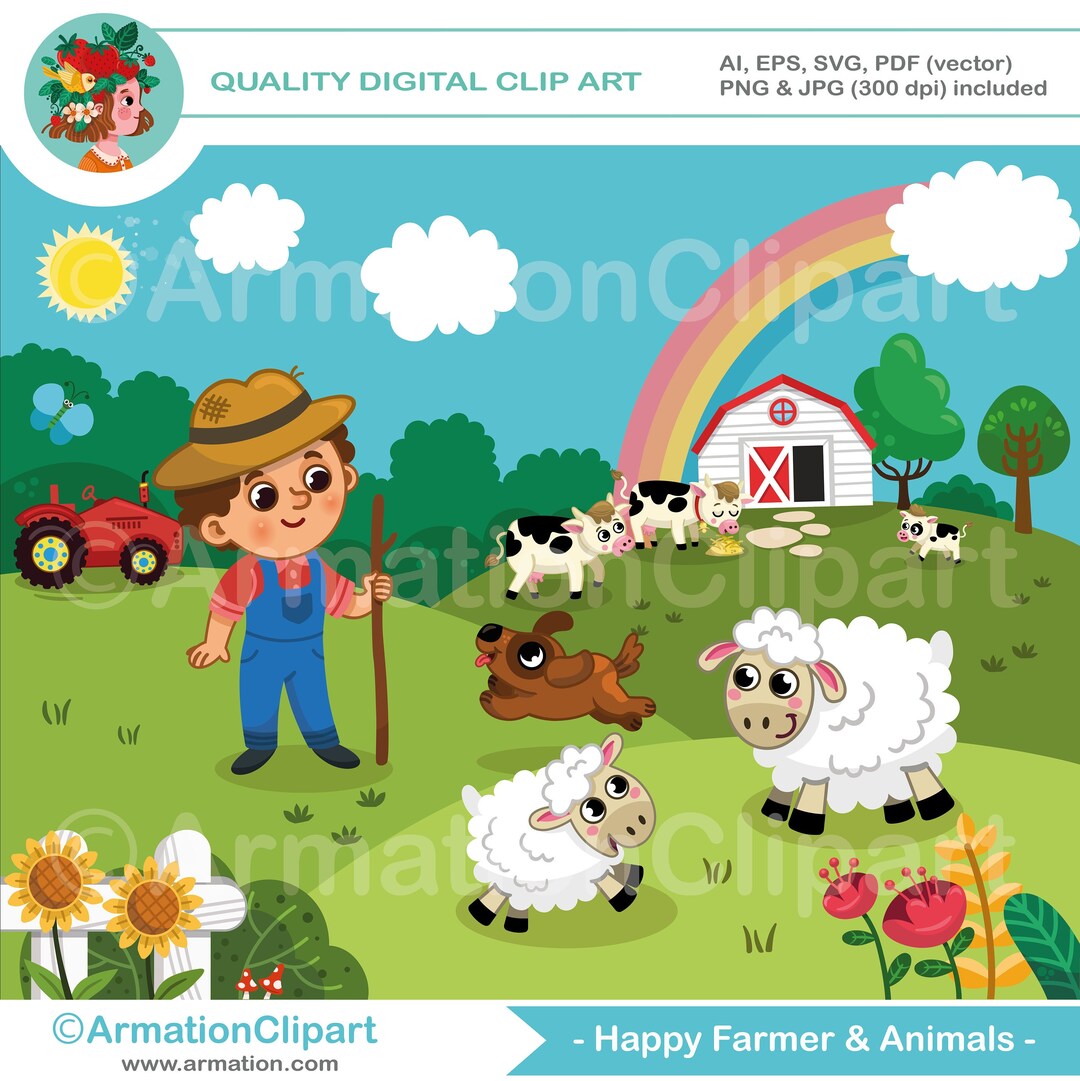 Happy Farmer Boy Clipart With Farm Animals Cartoon Digital Clip Art