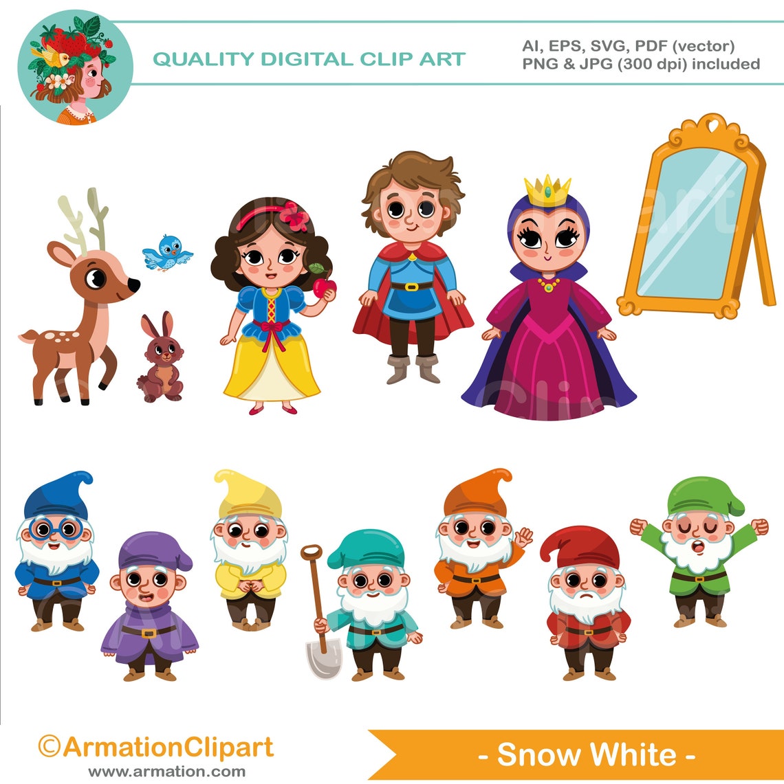 Snow White and 7 Dwarfs Clipart Bundle, Cute Cartoon Digital Clip Art ...