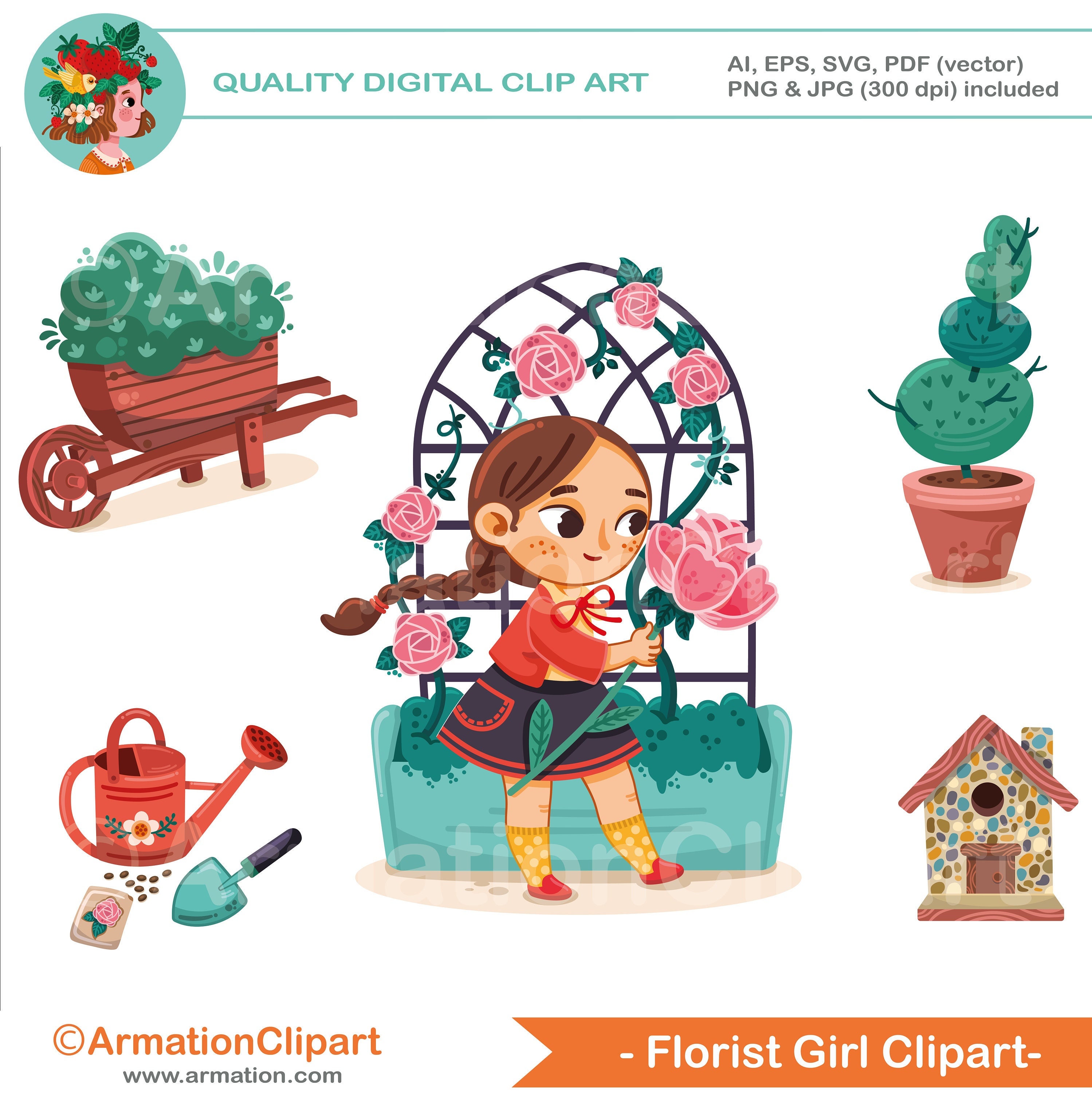 Florist Girl Cute Gardener Rose Garden Clipart Cartoon Digital - Etsy