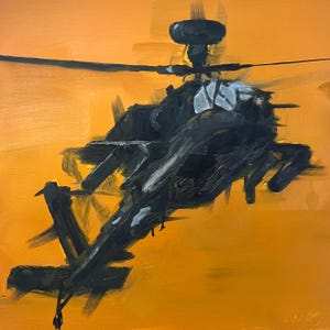 May include: A black helicopter painted in a stylized manner against a bright orange background.