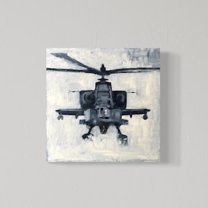 May include: A black and white painting of a helicopter in flight. The helicopter is facing the viewer and the blades are spinning. The background is a light blue color.