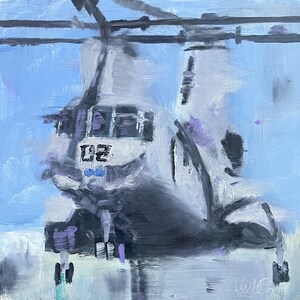 May include: A gray and black helicopter with the number 102 painted on the side, against a blue sky.