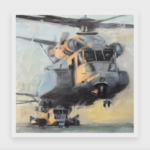 May include: Oil painting of a gray and tan helicopter with a large rotor. The artwork depicts the aircraft on the ground, with a focus on its detailed structure and the play of light and shadow. The painting has a square format.