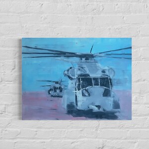 May include: A painting of two military helicopters in a blue and pink landscape. The helicopters are gray and have large propellers. The painting is done in a loose, abstract style.
