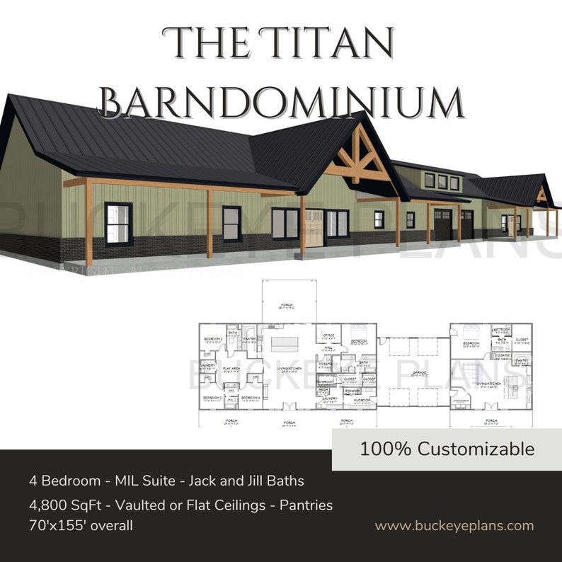 Mother In Law Suite Barndominium Floor Plan with Framing Plans and Elevations image 1