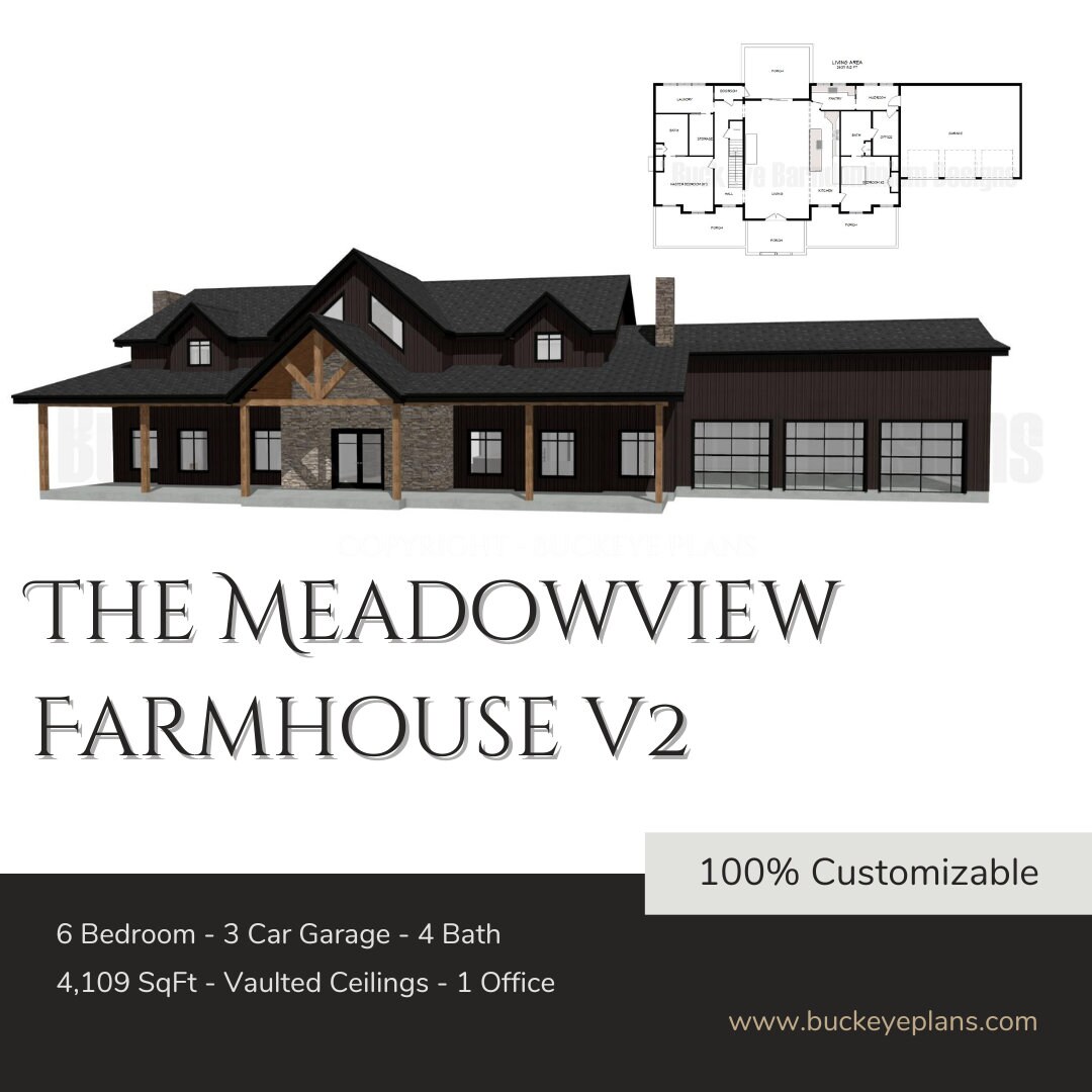 The Meadowview Farmhouse V2 WITH GARAGE Scaled and Dimensioned Floor Plan With Views of All 4