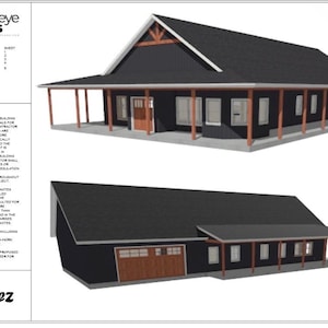 Könnte beinhalten: Architekturzeichnungen eines modernen Hausdesigns. Das Haus hat eine dunkle Fassade, eine überdachte Veranda und ein Satteldach. Das Bild enthält das Logo "Buckeye Plans" und den Namen "Jimenez".