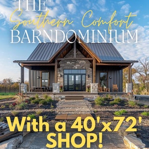 The Southern Comfort Barndominium Plan avec garage/atelier 40&#39;x72&#39; - 3 chambres, 2,5 salles de bain, 1 644 pieds carrés avec plafonds voûtés