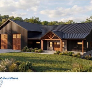May include: A contemporary two-storey house with a black metal roof and cladding. The building has wooden garage doors, a stone facade, and a covered porch. The surrounding landscape features green grass and trees. The image also includes area calculations.