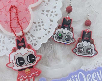 Hand painted cult of the lamb earrings and keychain, Indie game, alternative fashion