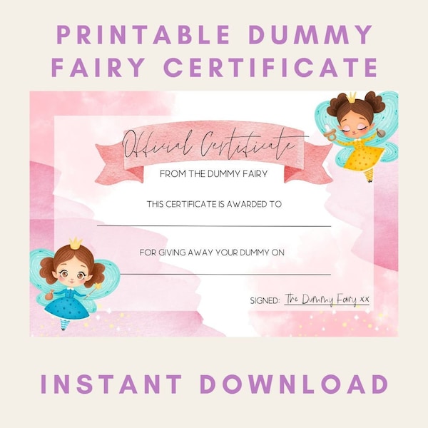 Instant Download Dummy Fairy Certificate (Pink) Printable, size A4