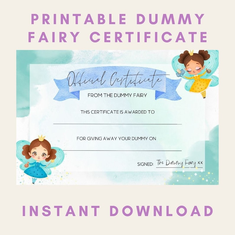 Instant Download Dummy Fairy Certificate blue Printable, Size A4 Etsy UK
