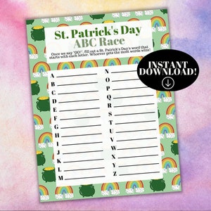 St. Patrick&#39;s Day ABC Race Printable, Digital Download, A-Z race printable, Printable Activity for Families, Alphabet Game, A-Z game